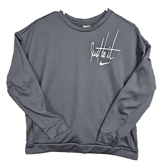 Nike Sweater Women's M Black Sweatshirt Crew Neck Fleece Lined Gray Cursive Logo - Picture 1 of 6